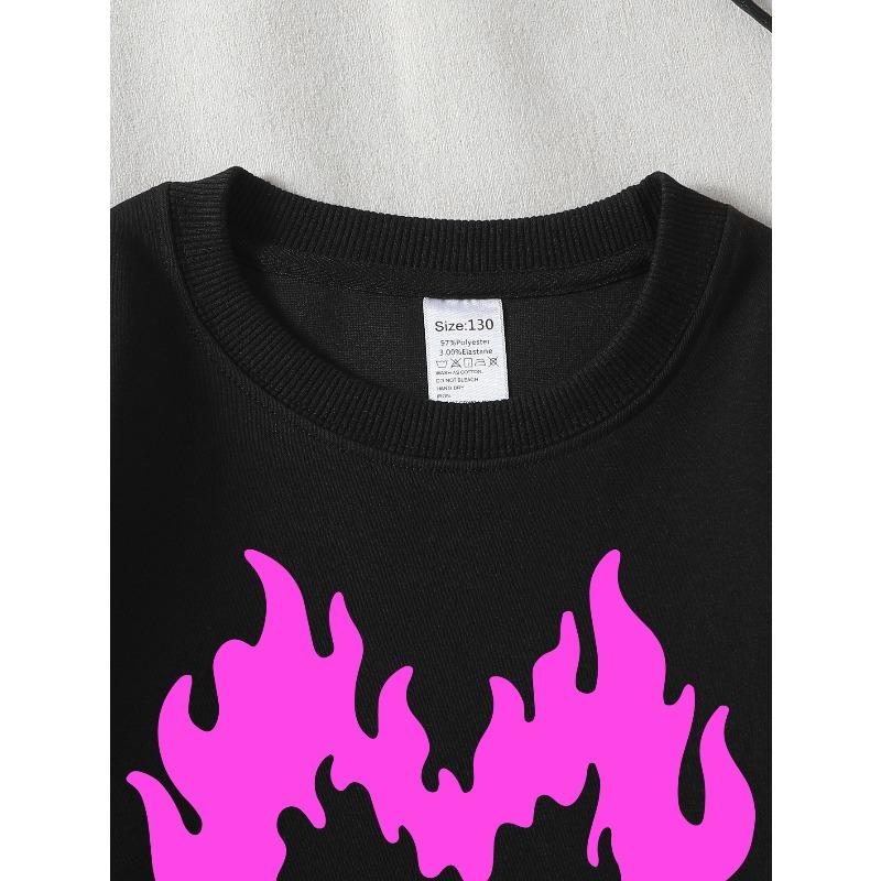 European sizes Girls Pink Flame Heart Crewneck Sweatshirt, Western Style Soft Comfortable Long Sleeved Casual T-Shirt