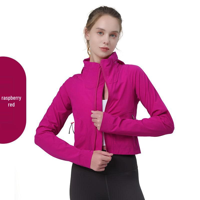 

Женская куртка для йоги с капюшоном, облегающего кроя, с защитой от УФ-лучей - Дышащая, ветрозащитная и подчеркивающая талию для занятий спортом на открытом воздухе XXL красный/малиновый
