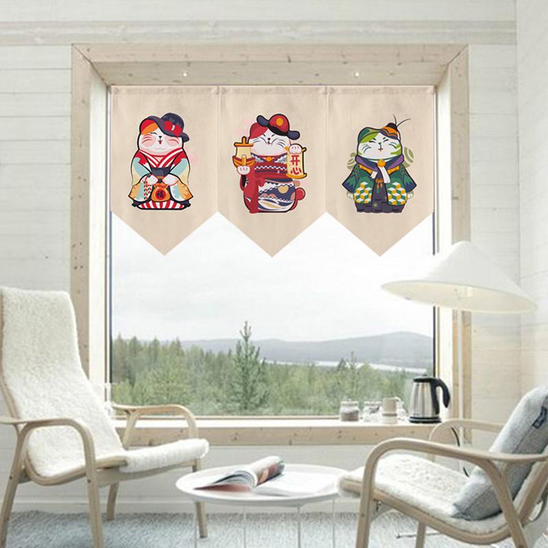 Japanese Style Lucky Cat Pattern Short Curtain Kitchen Door Partition Triangle Flag Restaurant Hanging Half Curtain Pennant
