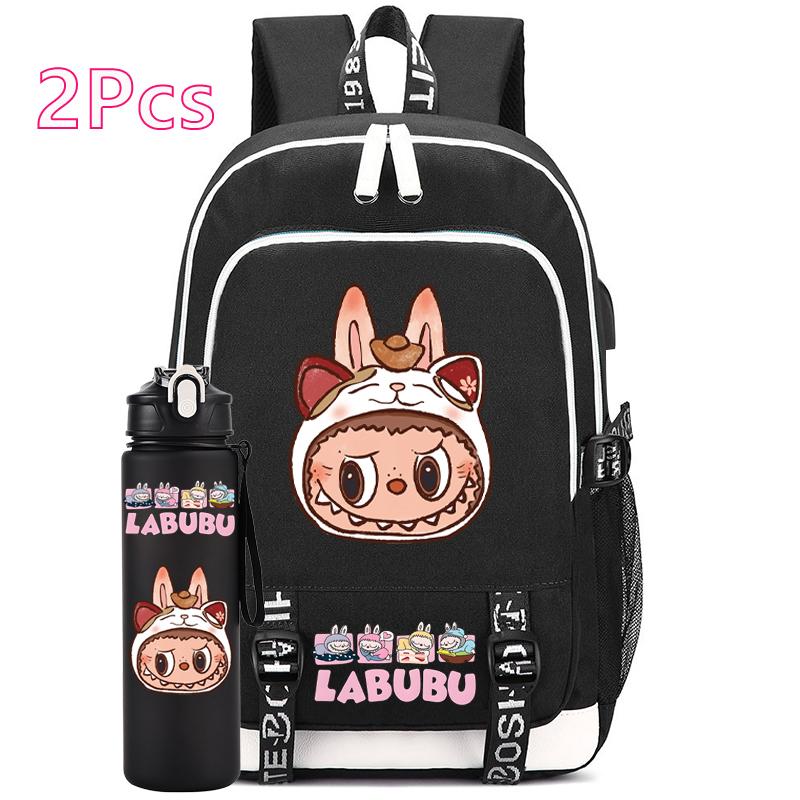 2Pcs/set Anime Cute Printed Backpack with Water Bottle Student Boy Girl Schoolbag Large Capacity Waterproof Bookbag Kid Gift