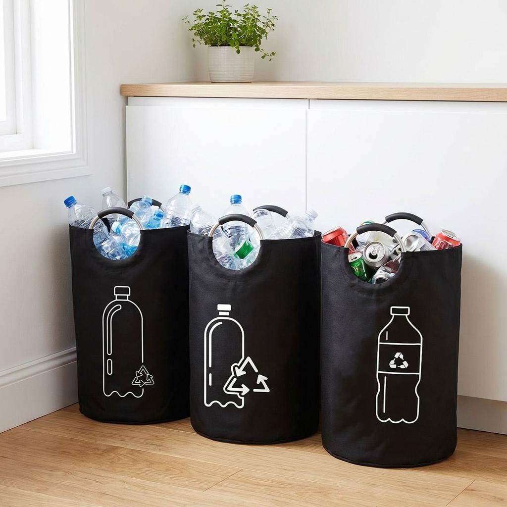 Foldable 82L Recycling Storage Basket Large Capacity Empty Bottle Bag Aluminum Handle for Kitchen Laundry Room Organizer Pack