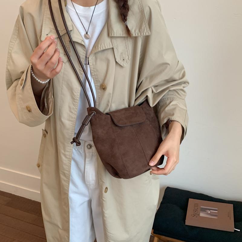 PU Suede Bucket Bag Women's Crossbody Shoulder Tote with Drawstring Closure Fashion Mini Handbag