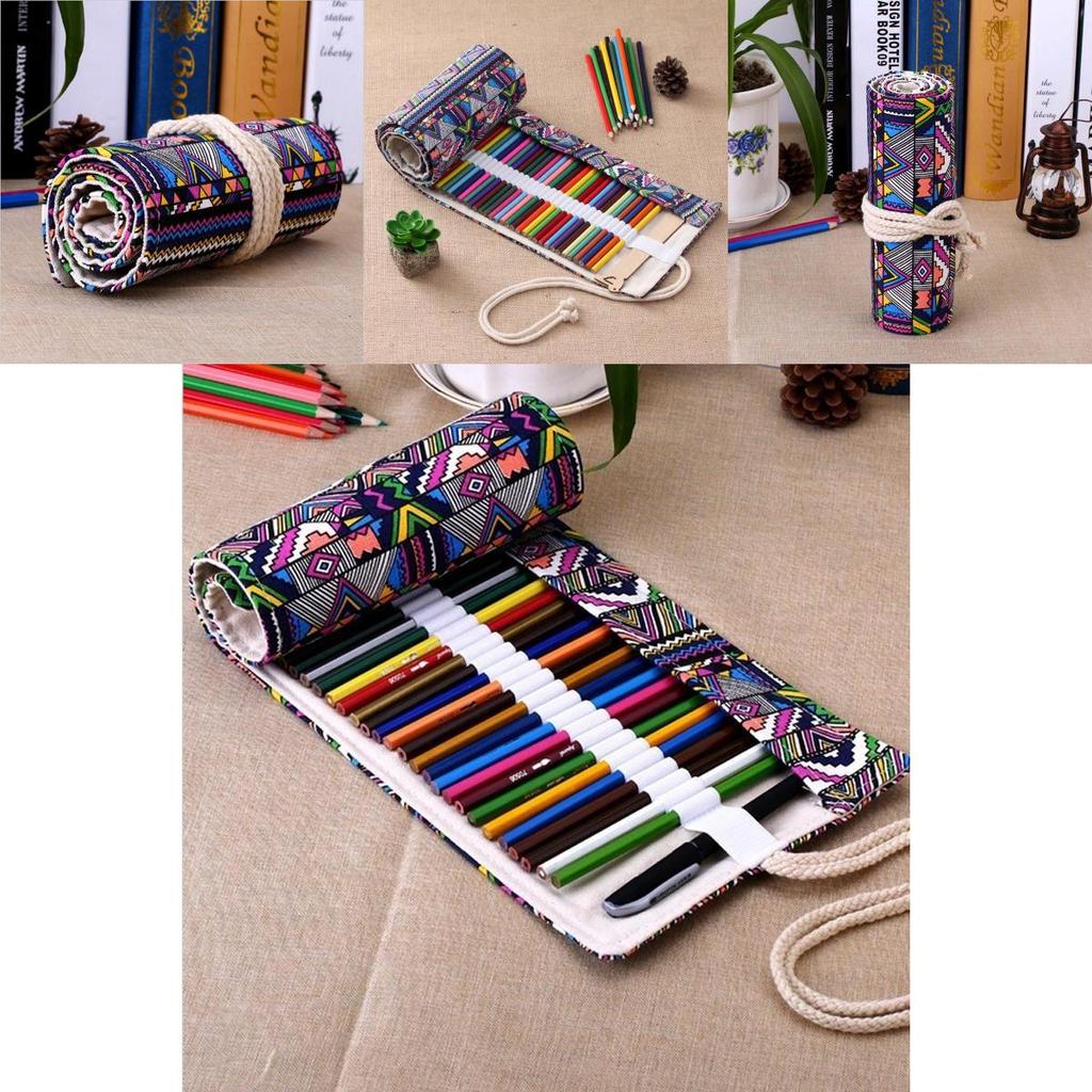 Ethnic Style Colored Geometric Pattern Pencil Canvas Storage Bag For Artists And Students