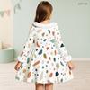 Girls Furry Trim Neck Cuffs Long Sleeve Waist Bow Printed A Line Flared Dress