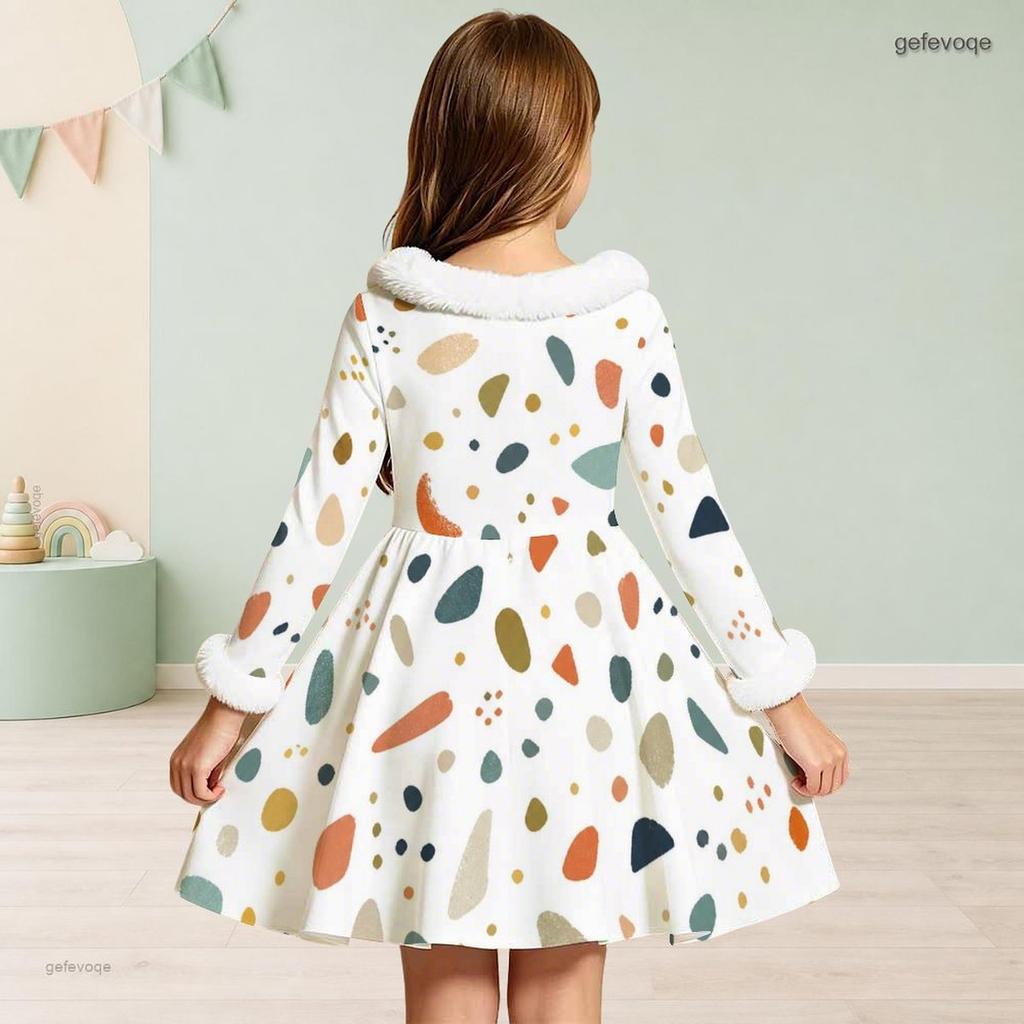 Girls Furry Trim Neck Cuffs Long Sleeve Waist Bow Printed A Line Flared Dress