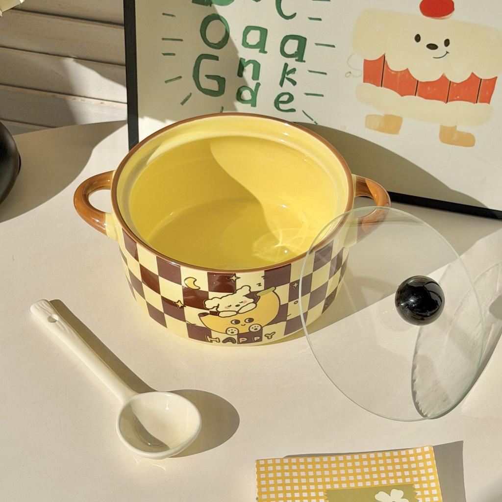 Ins Cream Wind Banana Puppy Binaural Instant Noodle Bowl Student Dormitory Rice Bowl 2025 New Snail Powder Bowl