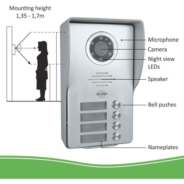 Interphone De Porte Vidéo 4 Familles ELRO DV477W4 - 7 Pouces - 16 Sonneries - Gris