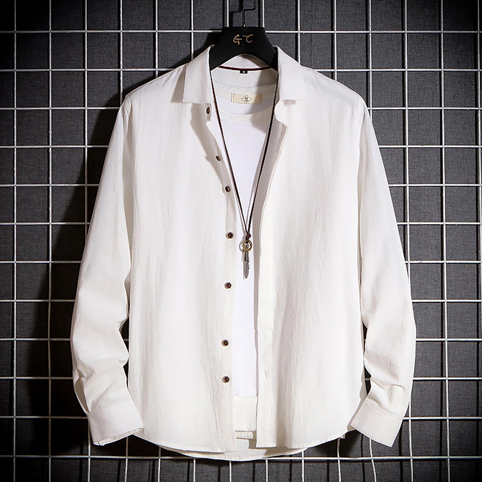 

Дизайнерские весенне-летние мужские повседневные рубашки из хлопка и льна, однотонные рубашки с длинными рукавами, свободные рубашки с воротником-стойкой XL белый