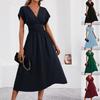 Dame V-hals Kort Erm A-linjekjole, Slim Fit Midje, Casual Sommerkjole