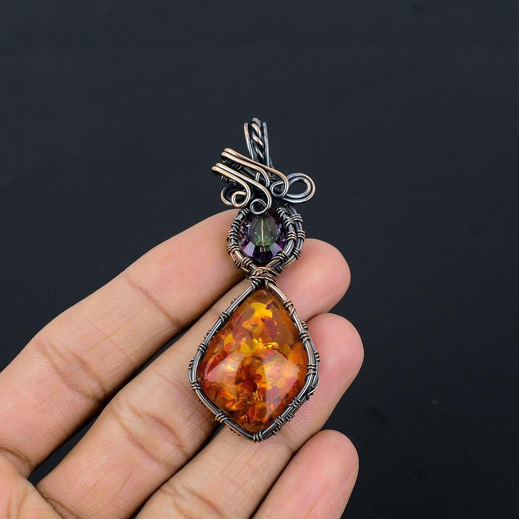 Baltic Amber & Mystic Topaz Pendant, 999 Copper Wire Wrapped Gemstone Jewelry, Handmade Pendant For Mother Day