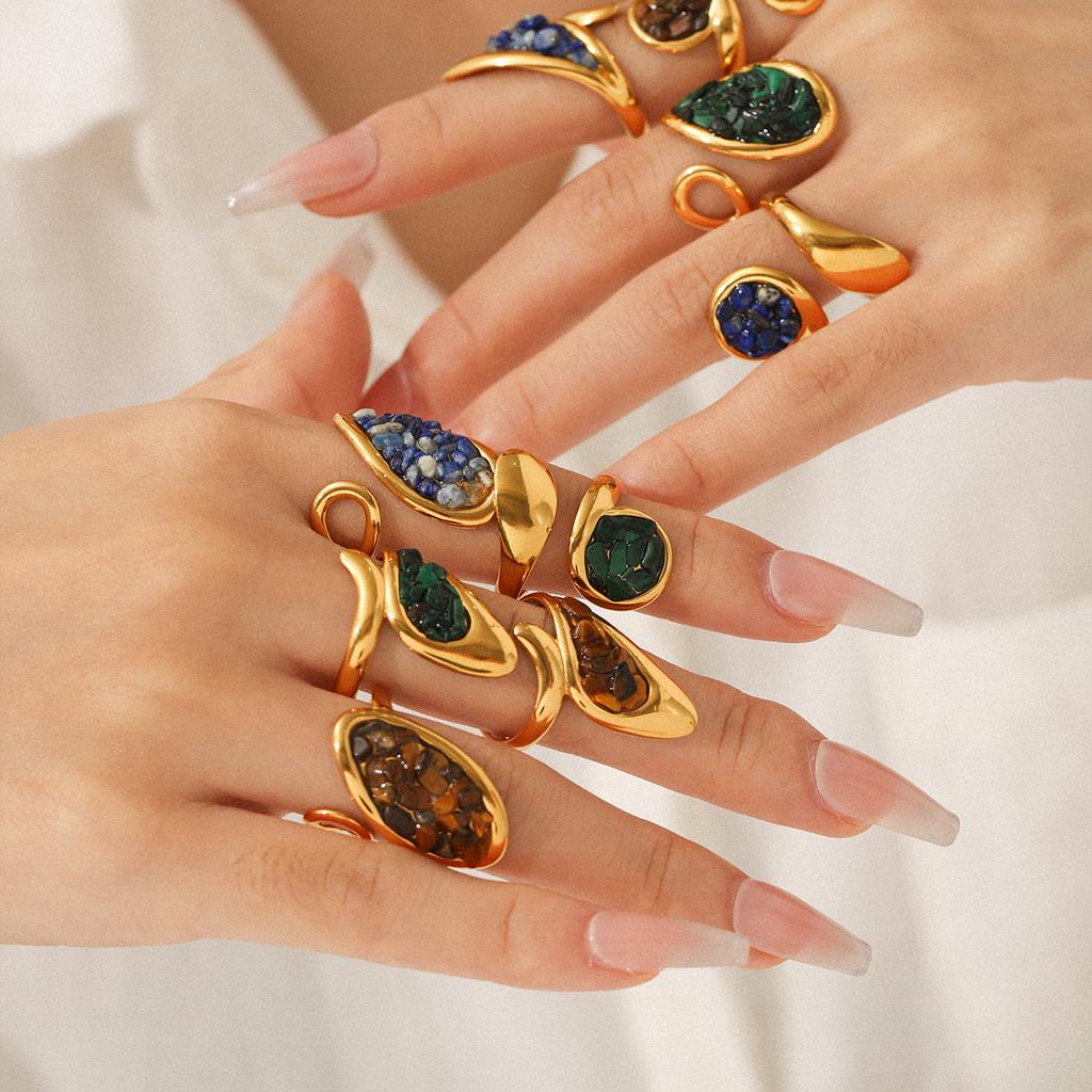 Three Kinds Of Stainless Steel Rings Geometric Shape Gold Plated Broken Pattern Lapis Lazuli Ring Finger Decoration Accessories