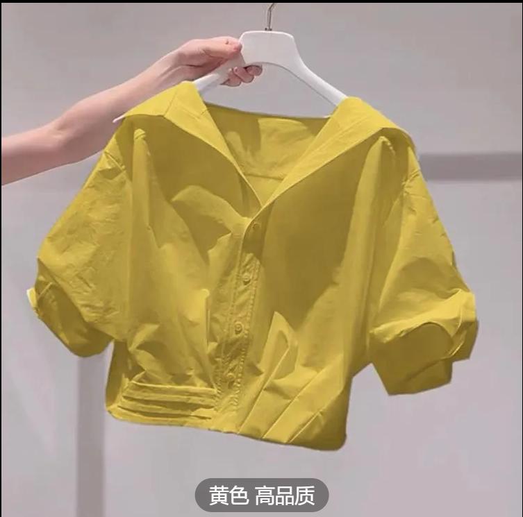 Lapel Bubble Sleeve Shirt Women Loose Fit Cropped Top Female Blouse and Shirt