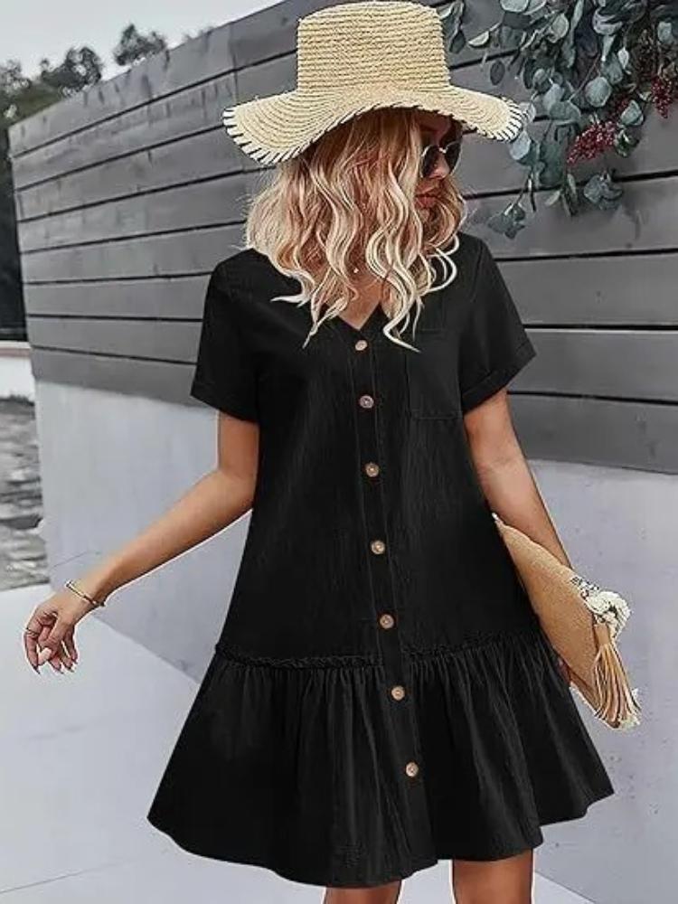 Abito estivo corto casual in cotone e lino per donna, scollo a V, ruches, manica corta, abito corto, moda da donna, abiti larghi con bottoni