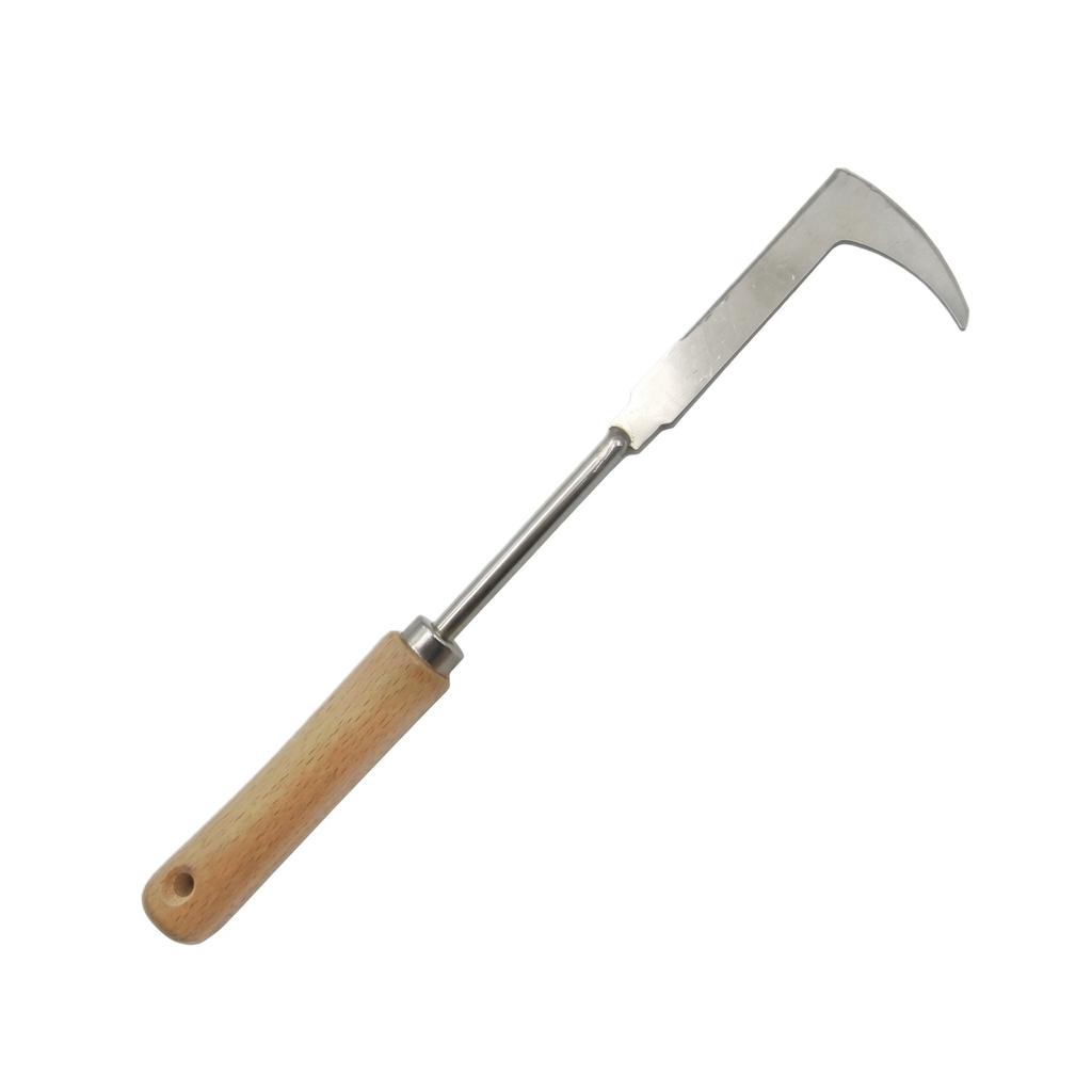 L Shaped Stainless Steel Gap Weeder with 7 Shaped Angled Blade and Wooden Handle for Garden Weed Removal and Soil Maintenance