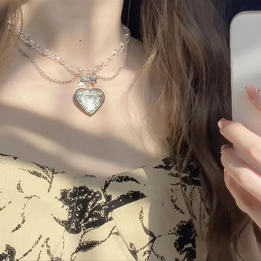 Gothic Niedlich Y2K Edelstahl Schleife Herz Rosa Kreuz Anhänger Perlen Schlangenketten Halskette Für Egirl 2000er EMO Acssesories