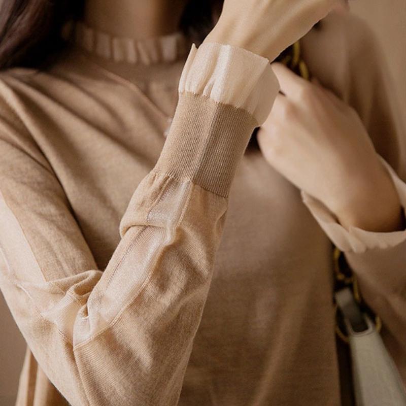 

Осень Зима Трикотажный топ с оборками Облегающий Базовый слой Женский Сетчатая кружевная вставка Многослойная рубашка One size