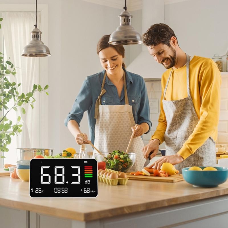 SPL Noise Tester Rechargeable Decibel Meter Desktop Digital Sound Level Meter with Time Temperature and Humidity Display