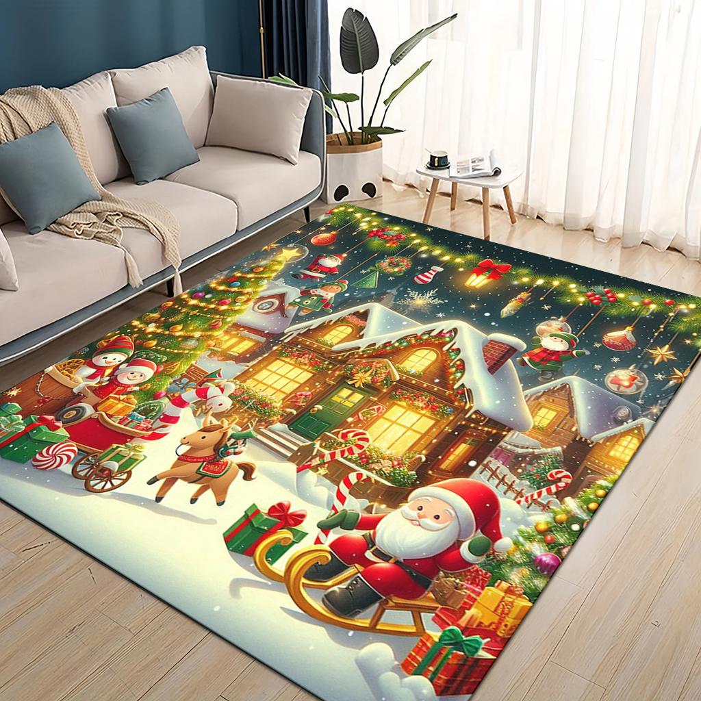 Merry Christmas Cartoon Santa Claus Snowman New Year Gift Carpet Rug for Living Room Bedroom Home Sofa Decoration,Non-slip Mat