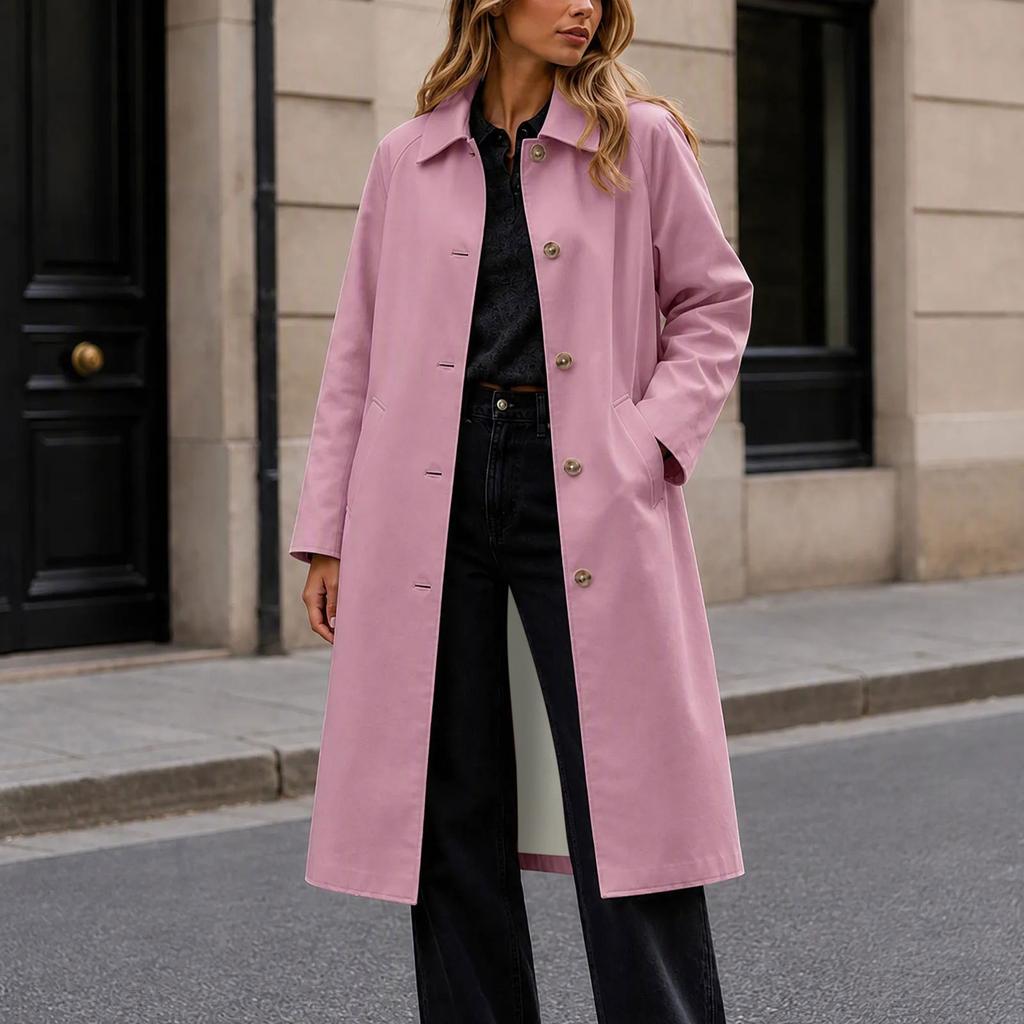 Women's Fashion Color Lapel Button-Down Mid-Length Loose Fit Trench Coat Outerwear