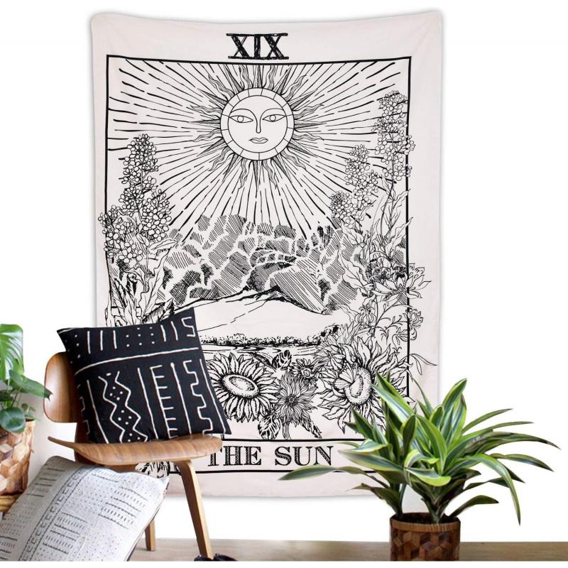 VIKAMA Sonne Tarot Wandteppich Ins-Stil Schwarz & Weiß Vintage Linienkunst Wohnzimmer & Schlafzimmer Akzentwand Dekor Heimdekoration