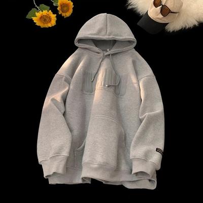 Men Fall Winter Hoodie Letter Print Drawstring Elastic Cuff Thick Plush Big Patch Pocket Hooded Loose