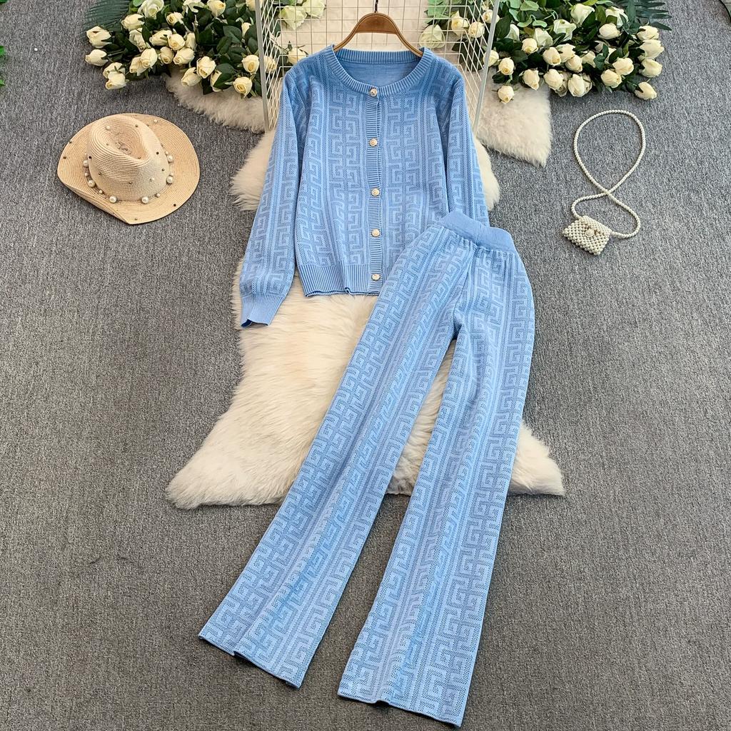 Jesień Zima Damski Designerski Wzorzysty Dzianinowy Sweter Spodnie Dwuczęściowy Zestaw Długi Rękaw Jednorzędowa Kurtka Top i Spodnie z Elastycznym Pasem Dres