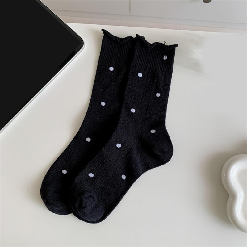 Womens Japanese Vintage Dots Pattern Cotton Middle Tube Calf Socks Hollow Out Breathable Mesh Thin Roll Cuffs Crew Socks
