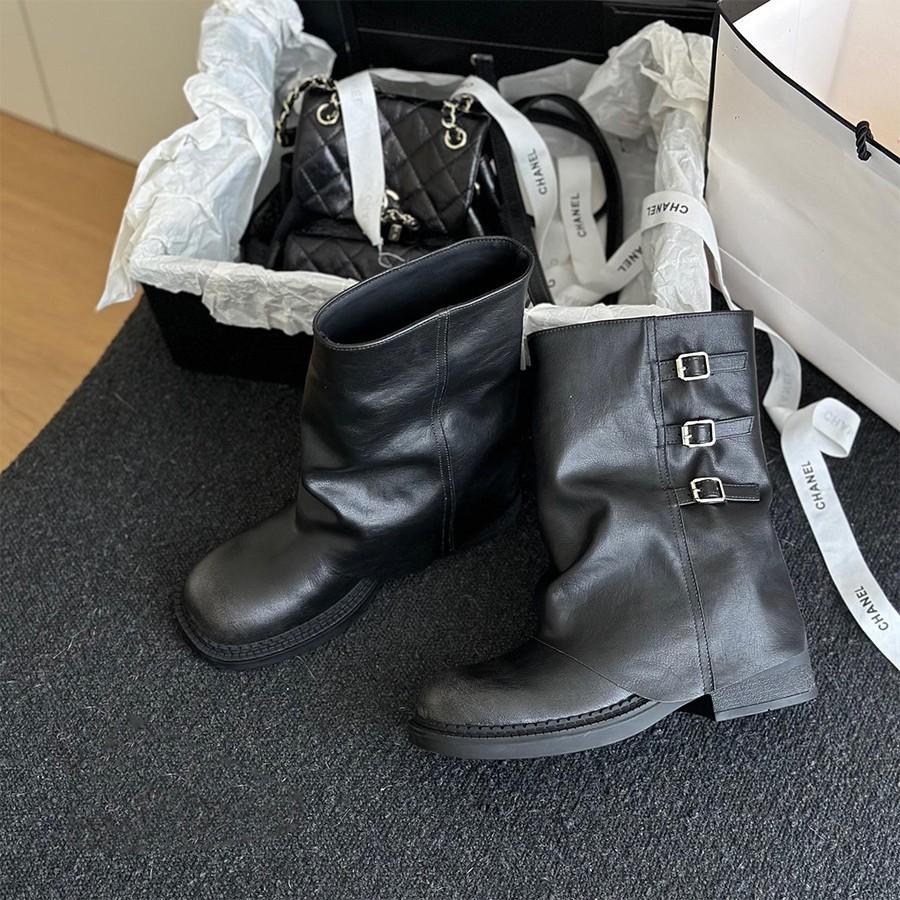 Cowhide Version~ Thick-soled Martin Boots Retro Western Cowboy Boots Metal Buckle Thick Heel Trousers Boots Square Head Short Boots Children