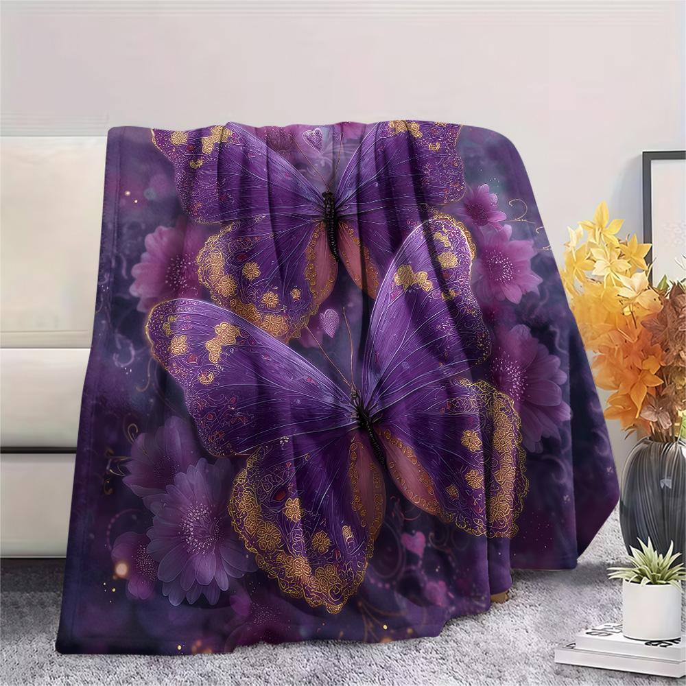 Purple Flower Butterfly  Print Flannel Blanket, High quality Comfortable for All Seasons, Home Decor, Warmth and Comfort
