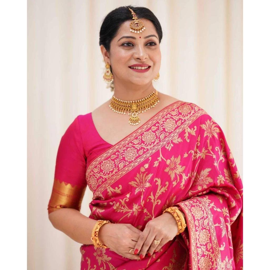 Silk Saree from the ALMAARI Store Is Adorned with Beautiful Zari Work In Form of Traditional Motifs.