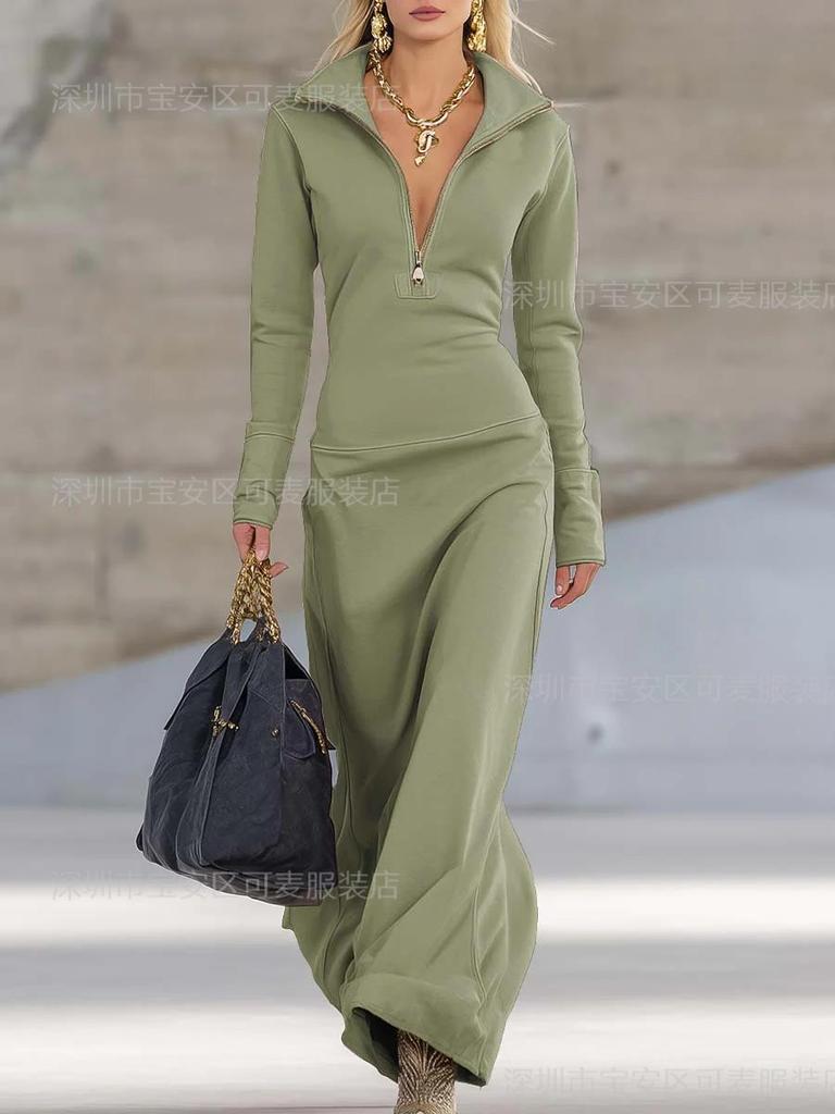 Women Zip Front Stand Collar Long Sleeve Dress Solid Color Long dress