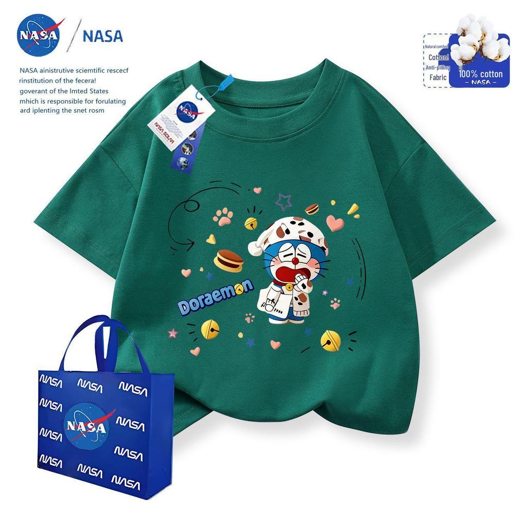 NASA x Doraemon Kinder-Baumwoll-T-Shirt mit Rundhalsausschnitt und Stickerei, Kurzarm