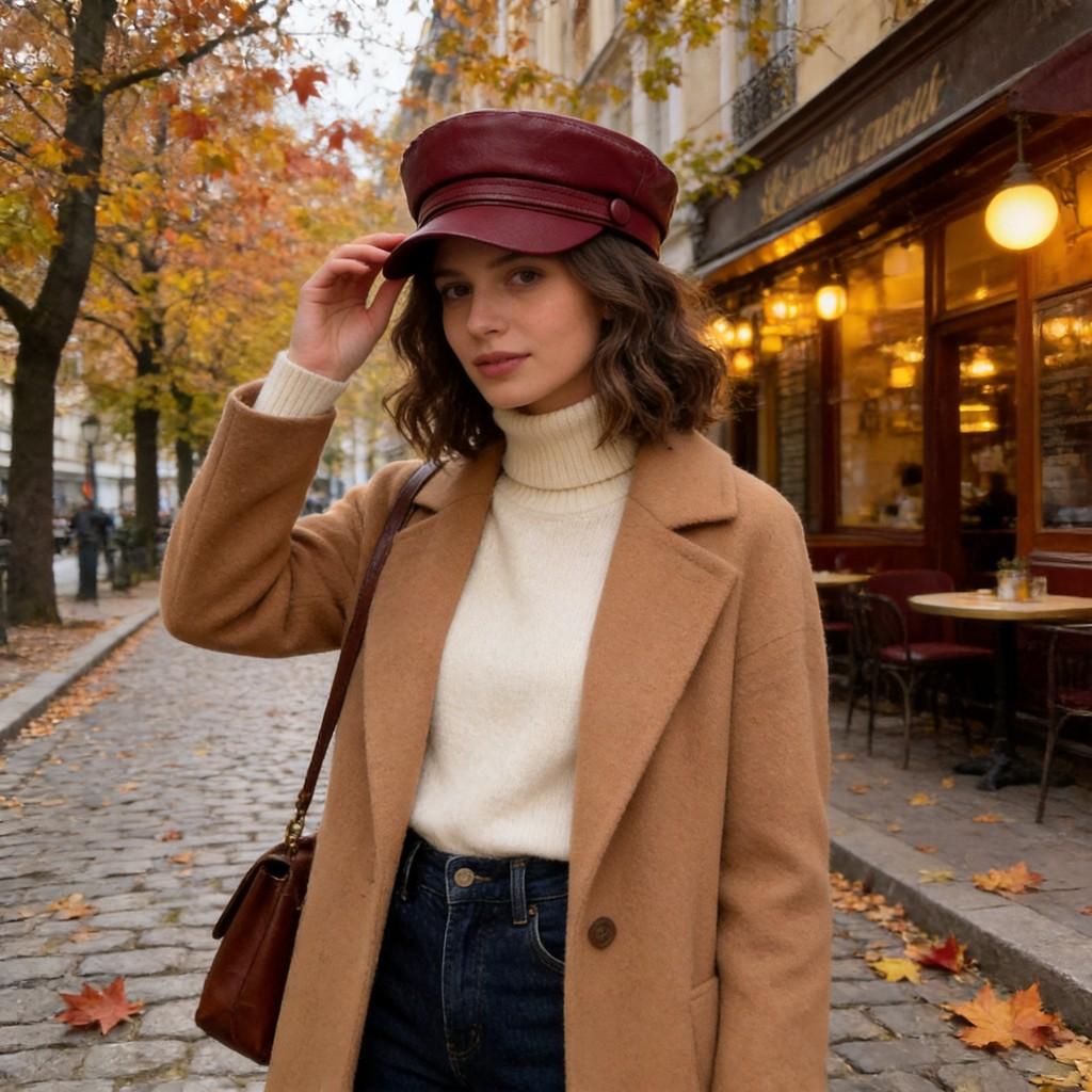 Vojenská čepice Zimní Černá PU Kůže Retro Plochý Vrch Široký Okraj Pro Fanoušky Ležérní Módy