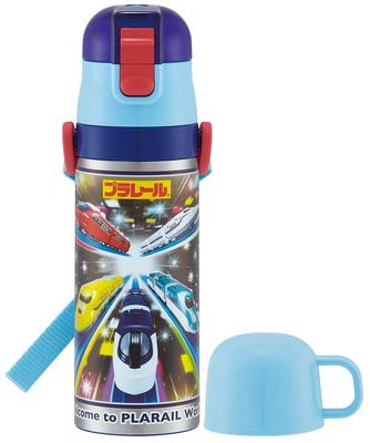 Garrafa de Água de Aço Inoxidável Skater 2 vias Bebida Direta 470ml Bebida com Copo 430ml Plarail 23 Tipo Leve Garrafa de Água para Meninos Garrafa Esportiva Bonita