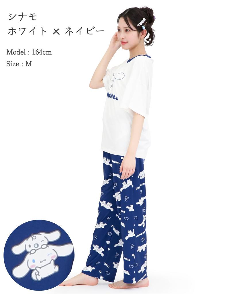 SAZAC Cinnamoroll and Milk Pajama Powder Stretch Short Sleeve and Long Pants Loungewear x Set, Fabric, Women's Set, (White Navy/L/SAN1952)