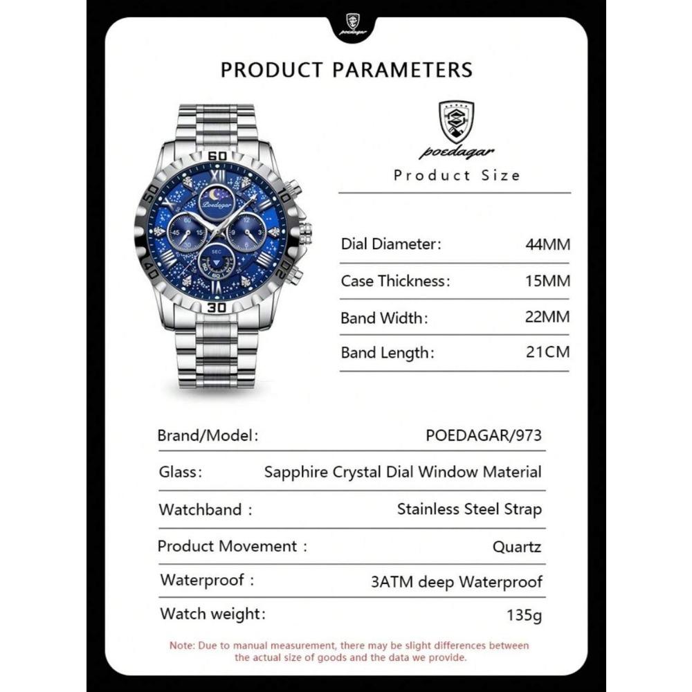 POEDAGAR 1 pz Orologio Sportivo da Uomo, Cronografo Impermeabile, Orologio al Quarzo di Lusso in Acciaio Inossidabile Luminoso con Scatola Regalo