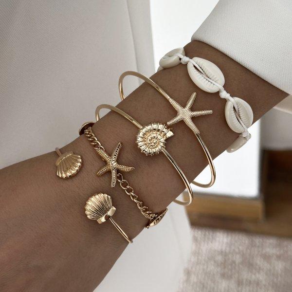 Bohemian Gold Color Shell Starfish Bracelet Set For Women Summer Beach Pearl Beaded Bangle Ocean Charm Jewelry Accessories