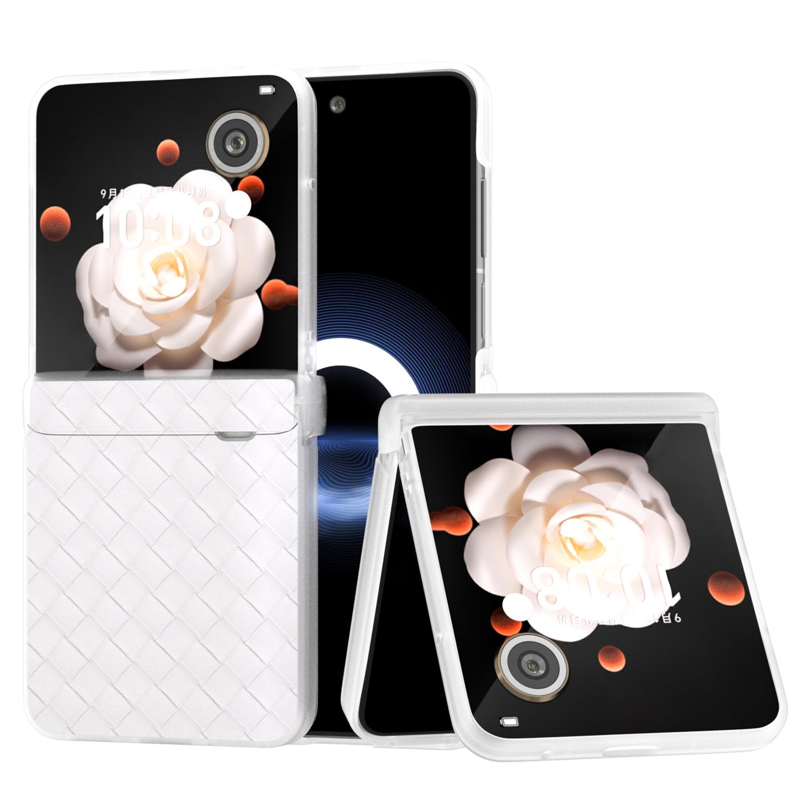 

For Honor Magic V Flip 5G Case Woven Texture Leather+PC Hinge Phone Cover Matte Edge White