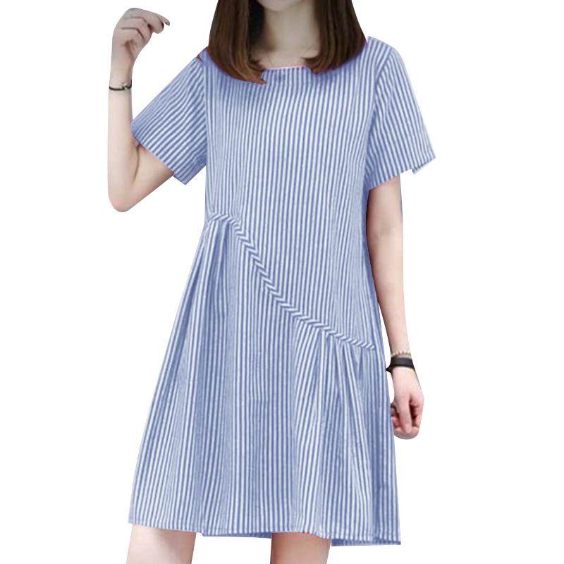 ZANZEA Women Casual Round Neck Short Sleeve Stripe Summer Dress 5XL темно-синий