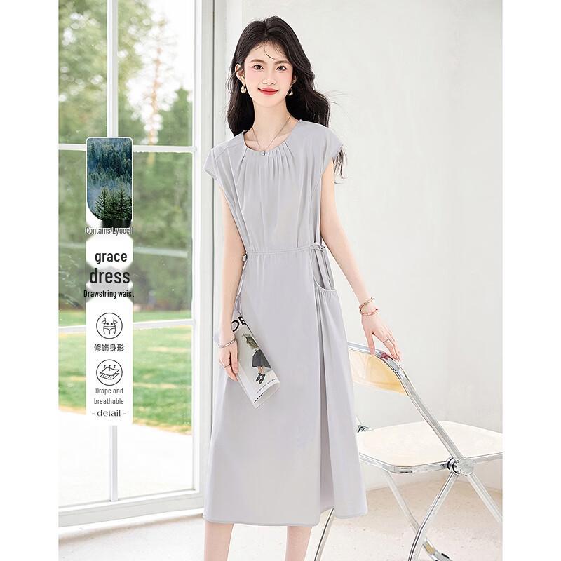 Elegant Round Neck Short Sleeve Midi Dress M