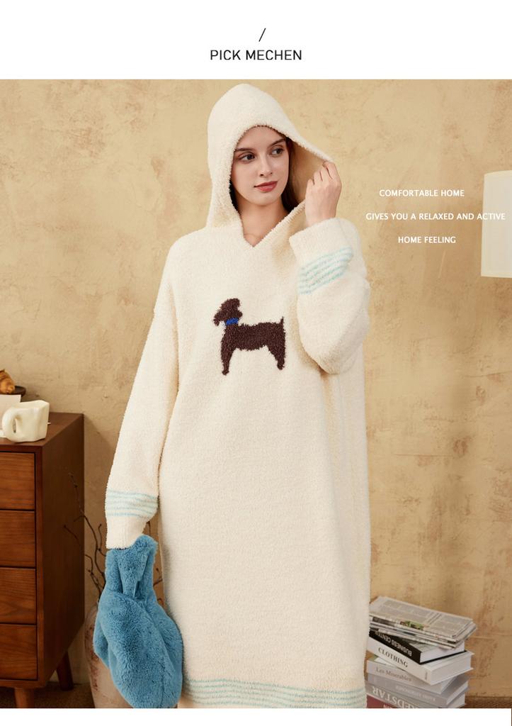 Lazy wind half-edge velvet nightgown women's autumn and winter Korea loose and thin long nightgown over knee cover soft pajamas