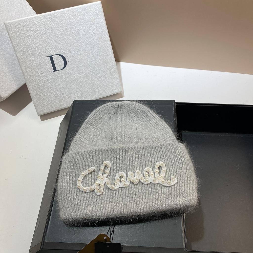 Pearl Hat Rabbit Hair Warm Knit Hat Women's Fashionable Winter Cold Hat Increase And Lengthen Double Folded Edges Hat