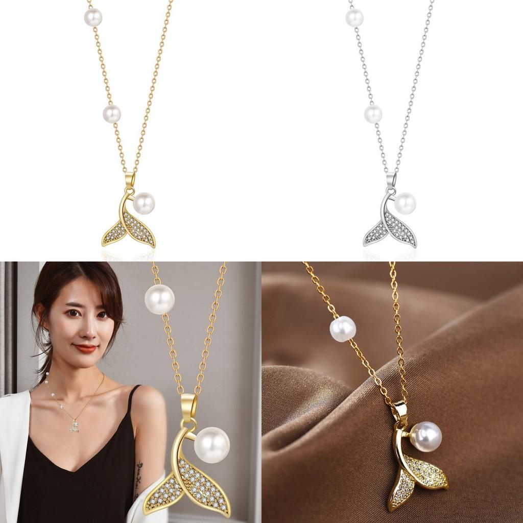 Elegant Titanium Steel Mermaid Pearl Necklace For Fashionable Women Unique Collarbone Accessory