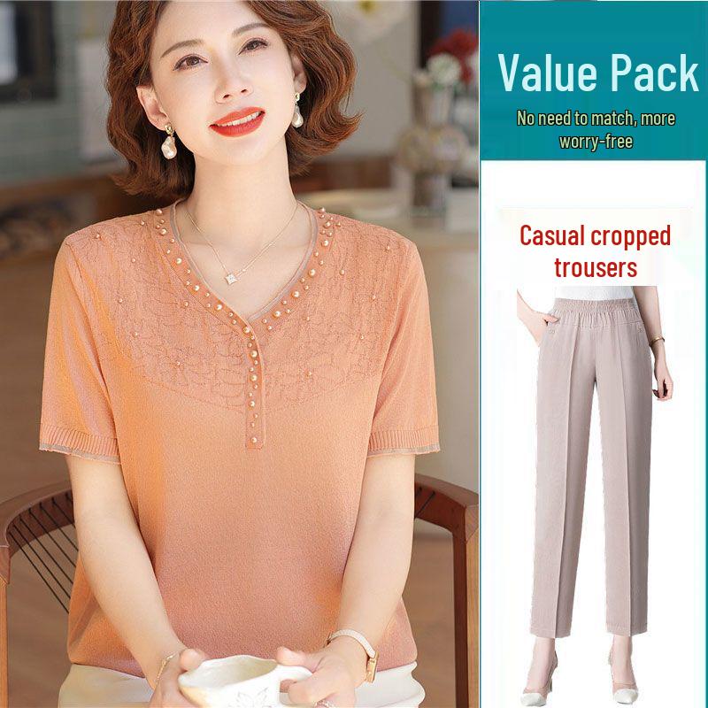 Mom's Summer Ice Silk V-Neck Short-Sleeve T-Shirt for Middle-Aged & Elderly Women - Loose Plus Size Top Set