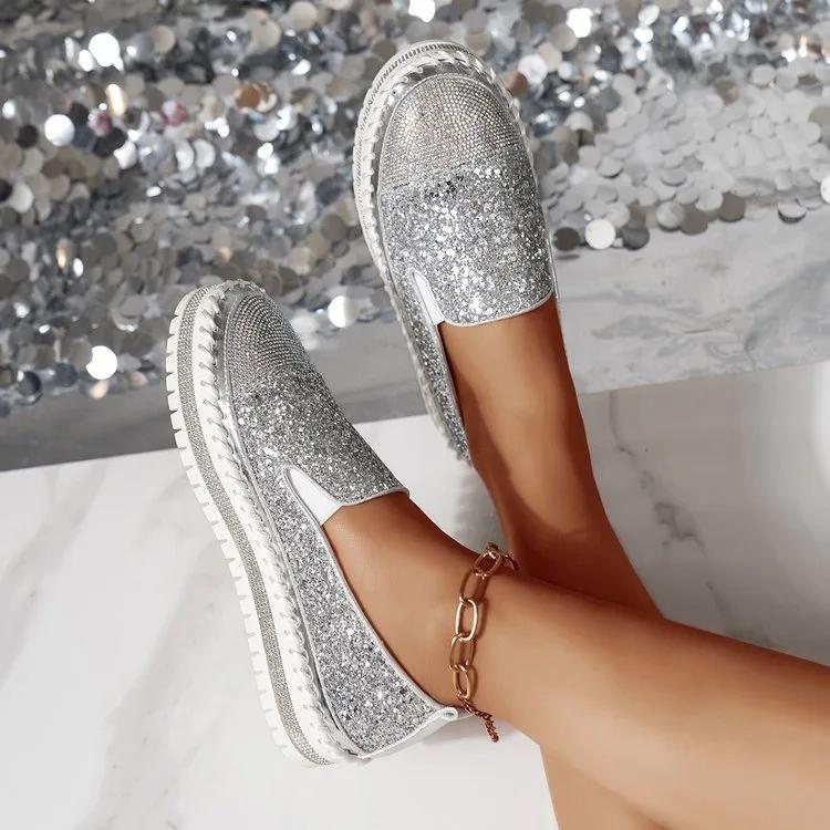 Fashion Women Sneakers 2025 New Women Flat Sequined Sneakers Casual Women Mesh Lace-up Fine Diamond Sequins Platform Vulcanized Shoes