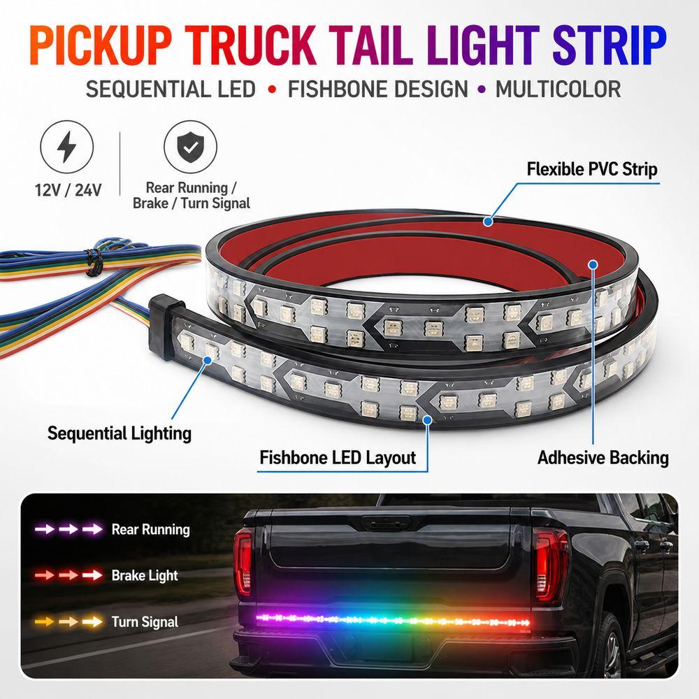 RGB Color Changing Brake Light Strip Waterproof Sealed Rear Light Bar  For Pickup Trucks