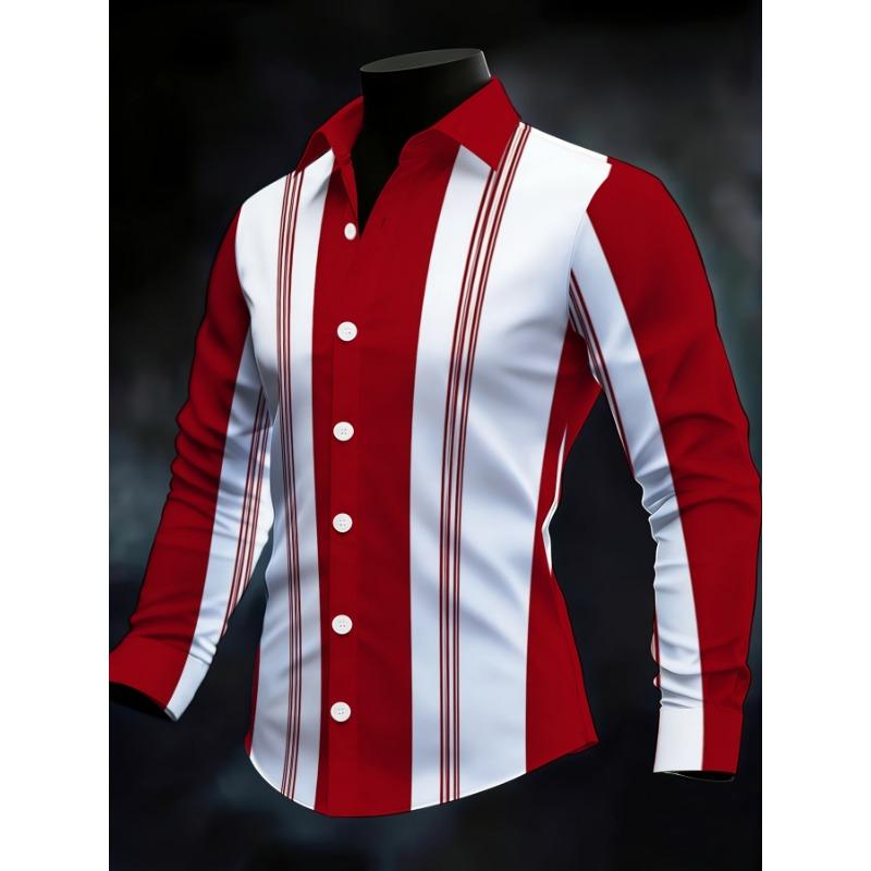 Men's Striped Color-Block Long Sleeve Shirt, Business Casual Slim Fit, Authentic Fashion Menswear