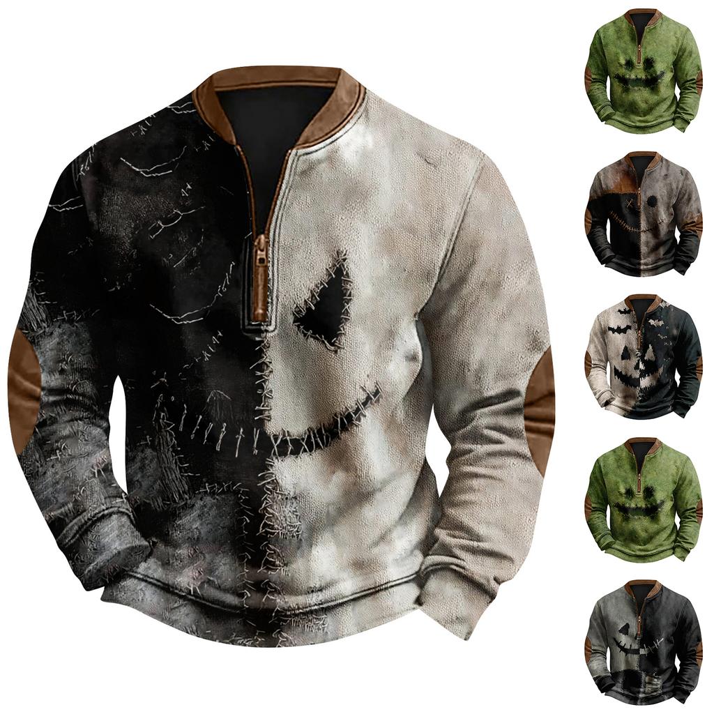 Men's Casual Fashion Christmas Printed Hoodless Sweatshirt Wide Men's Loose Button Stand Collar Hooded Sweatshirt