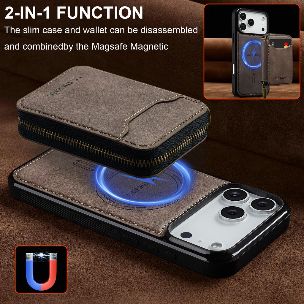 Detachable Magnetic Zipper Card Solt Wallet Leather Phone Case for IPhone 17 Pro Max Air 16 Plus 15 14 13 12 11 Pro Purse Cover