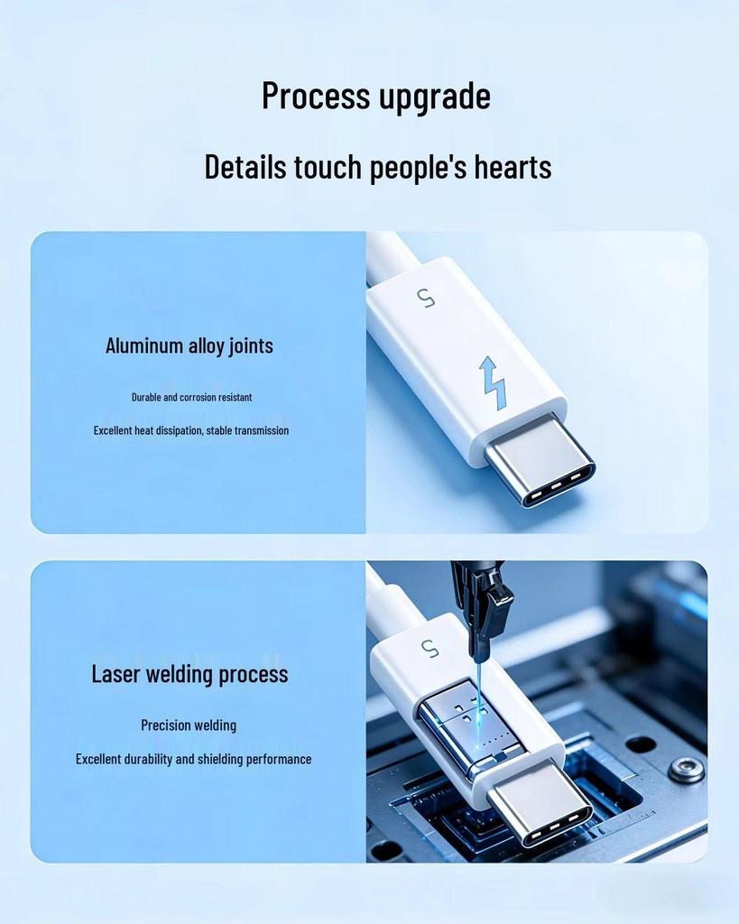 USB4/Thunderbolt 5 Dual Type-C Cable, 80Gbps Bi-directional, PD240W Fast Charging/Data Cable for Laptop & Phone.